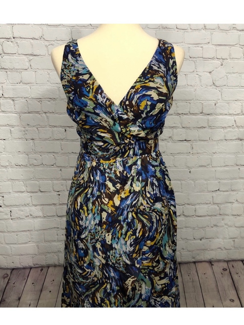 Anthropologie Moulinette Soeurs Blue, White & Gold Swirl 100% Silk Dress Sz 8